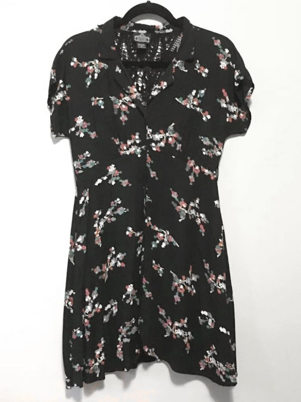 VTG Angie 100% Rayon Black Floral Crochet Button Down Dress - S Dark Coquette
